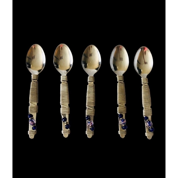 Set of 5 Fancy Handmade Stainless Steel Beads Teaspoons Silverware - Picture 2 of 4